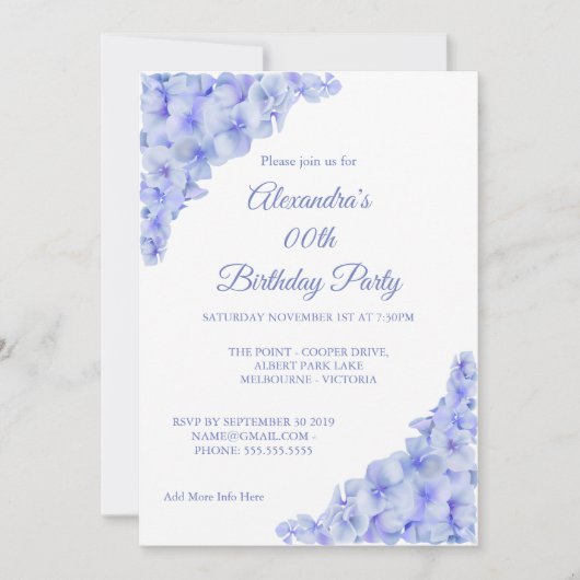 Invitation Fête d'anniversaire Floral Blue Hydrangeas Blanc (Devant)