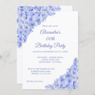 Invitation Fête d'anniversaire Floral Blue Hydrangeas Blanc