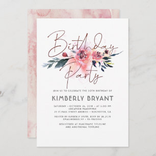 Invitation Fête d'anniversaire Floral Blush et Bourgogne
