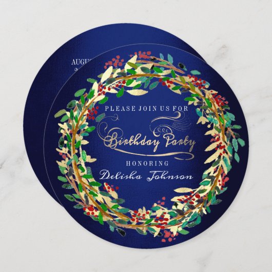 Invitation Fête d'anniversaire Floral Elégant Blue Navy Vert (Devant / Derrière)