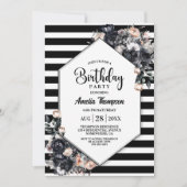 Invitation Fête d'Anniversaire Floral Noir Moderne (Devant)