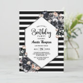 Invitation Fête d'Anniversaire Floral Noir Moderne (Debout devant)