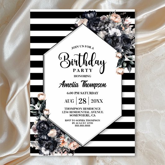 Invitation Fête d'Anniversaire Floral Noir Moderne