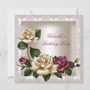 Invitation Fête d'anniversaire floral rose crème damassé