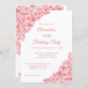 Invitation Fête d'anniversaire Floral rose Hydrangeas sur bla