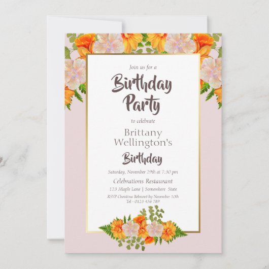 Invitation Fête d'anniversaire Floral Rose Orange Gold (Devant)