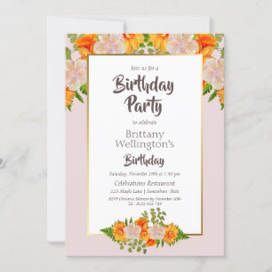 Invitation Fête d'anniversaire Floral Rose Orange Gold
