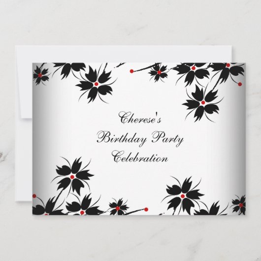 Invitation Fête d'anniversaire Floral Rouge Noir Blanc (Devant)