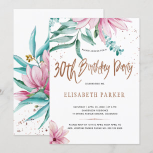 Invitation Fête d'anniversaire florale 30 ans avec une typogr
