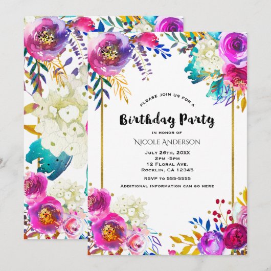 Invitation Fête d'anniversaire florale aquarelle amusante viv (Devant / Derrière)