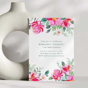 Invitation Fête d'anniversaire florale aquarelle rose chaud j