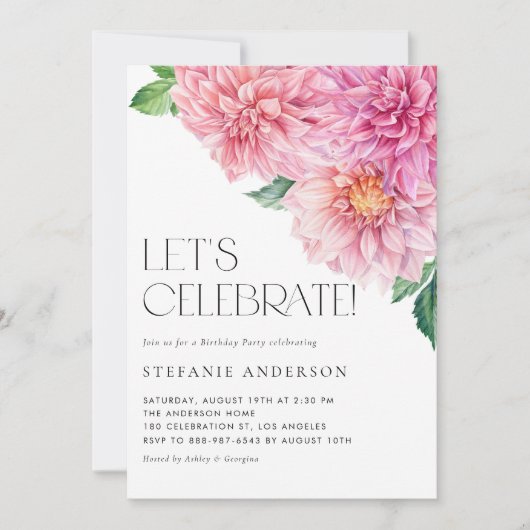 Invitation Fête d'anniversaire florale au dahlia rose aquarel (Devant)
