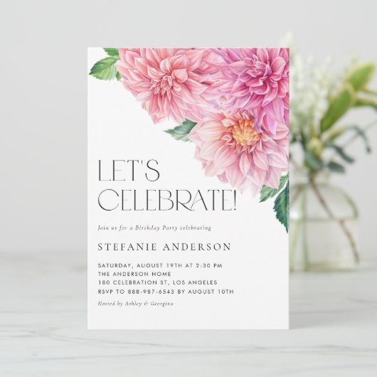 Invitation Fête d'anniversaire florale au dahlia rose aquarel (Debout devant)
