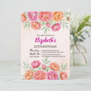 Invitation Fête d'anniversaire florale au pinceau rose