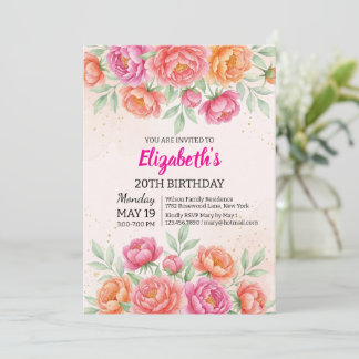 Invitation Fête d'anniversaire florale au pinceau rose