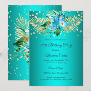 Invitation Fête d'anniversaire florale aux palmiers or et ble