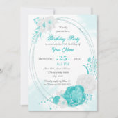 Invitation fête d'anniversaire florale blanche turquoise (Devant)