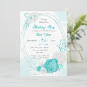 Invitation fête d'anniversaire florale blanche turquoise (Debout devant)