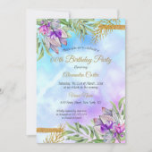 Invitation Fête d'anniversaire florale bleu sarcelle or viole (Devant)