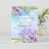 Invitation Fête d'anniversaire florale bleu sarcelle or viole (Debout devant)