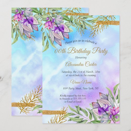 Invitation Fête d'anniversaire florale bleu sarcelle or viole (Devant / Derrière)