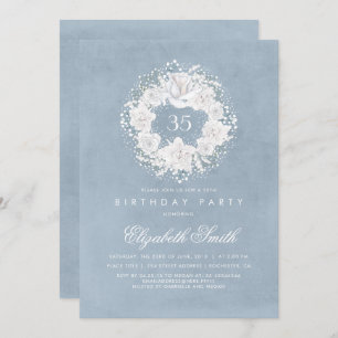 Invitation Fête d'anniversaire florale bleue poussiéreuse du