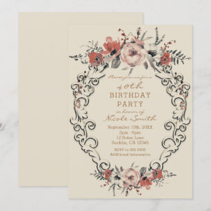 Invitation Fête d'anniversaire florale botanique beige vintag