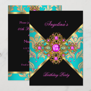 Invitation Fête d'anniversaire florale damassée sarcelle rose