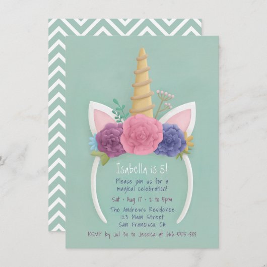 Invitation Fête d'anniversaire florale de filles de bandeau (Devant / Derrière)