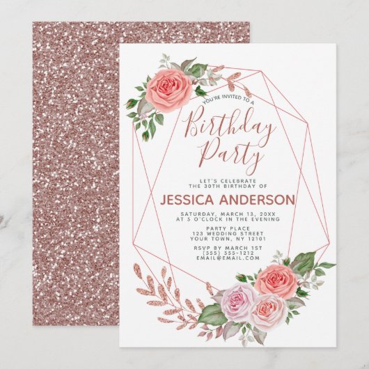 Invitation Fête d'anniversaire florale géométrique de parties (Devant / Derrière)