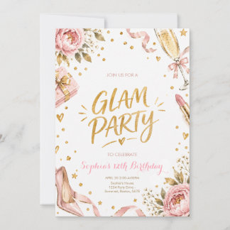Invitation Fête d'anniversaire florale glamour or rose