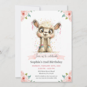 Invitation Fête d'anniversaire florale Llama Alpaca