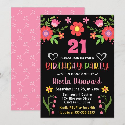 Invitation Fête d'anniversaire Florale mexicaine (Devant / Derrière)
