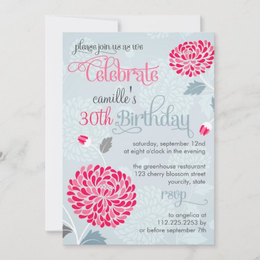 Invitation Fête d'anniversaire florale moderne rose et gris (Devant)
