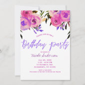 Invitation Fête d'anniversaire florale moderne rose et violet (Devant)