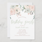 Invitation Fête d'anniversaire florale moderne vert sauge ros (Devant)