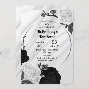 Invitation Fête d'anniversaire florale noire et blanche