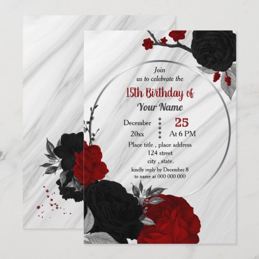 Invitation Fête d'anniversaire florale noire et rouge (Devant / Derrière)