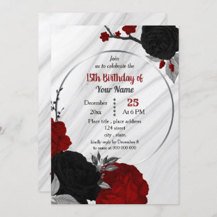 Invitation Fête d'anniversaire florale noire et rouge
