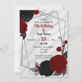 Invitation Fête d'anniversaire florale noire et rouge (Devant)