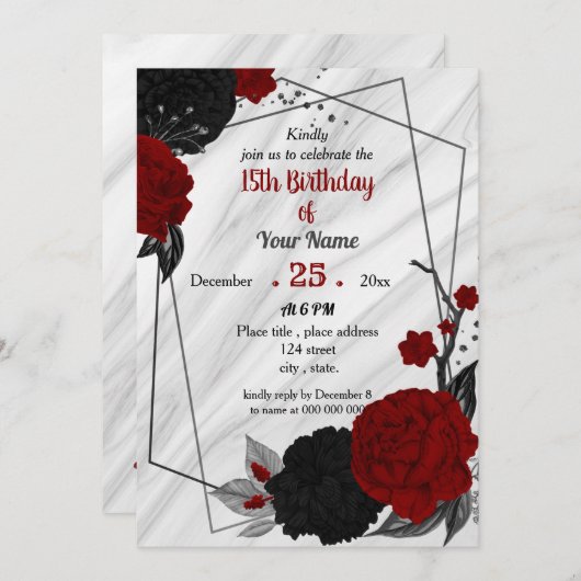 Invitation Fête d'anniversaire florale noire et rouge (Devant / Derrière)
