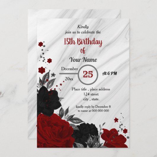 Invitation Fête d'anniversaire florale noire et rouge (Devant / Derrière)