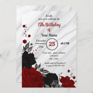 Invitation Fête d'anniversaire florale noire et rouge