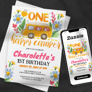 Invitation Fête d'anniversaire florale One Happy Camper 1ère