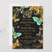 Invitation Fête d'anniversaire florale papillon noir sarcelle (Devant)