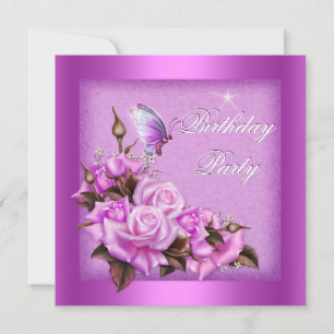 Invitation Fête d'anniversaire florale papillon roses roses