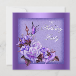 Invitation Fête d'anniversaire florale papillon Roses violett