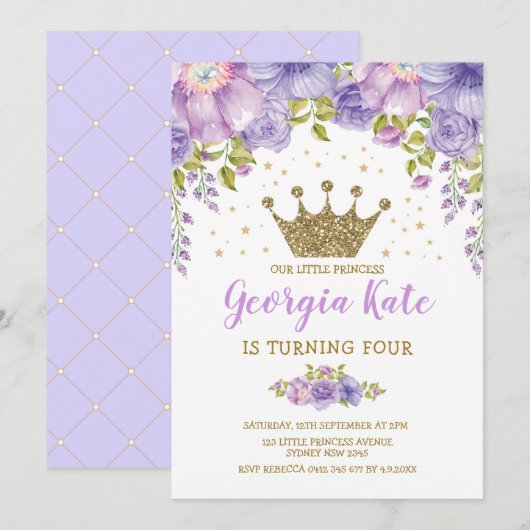 Invitation Fête d'anniversaire florale pourpre de princesse (Devant / Derrière)