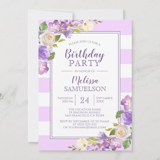 Invitation FÊTE D'ANNIVERSAIRE Florale Purple D'Aquarelle (Devant)
