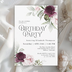 Invitation Fête d'anniversaire florale rose aquarelle élégant